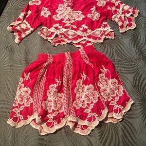 Pink and white Floral Embroidered Two-Piece Set.